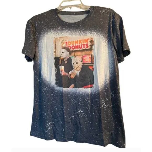 NWOT Dunkin Donuts Halloween Short Sleeve T Shirt Blue Jason Mike Myers Sz Small - Picture 1 of 5